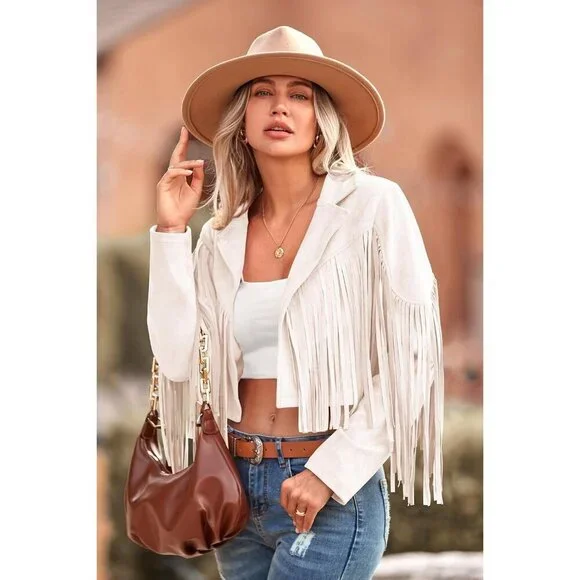 Women's : Beige Fringe Faux Suede Leather Tassel Motorcycle Cropped Jackets - Picture 4 of 9